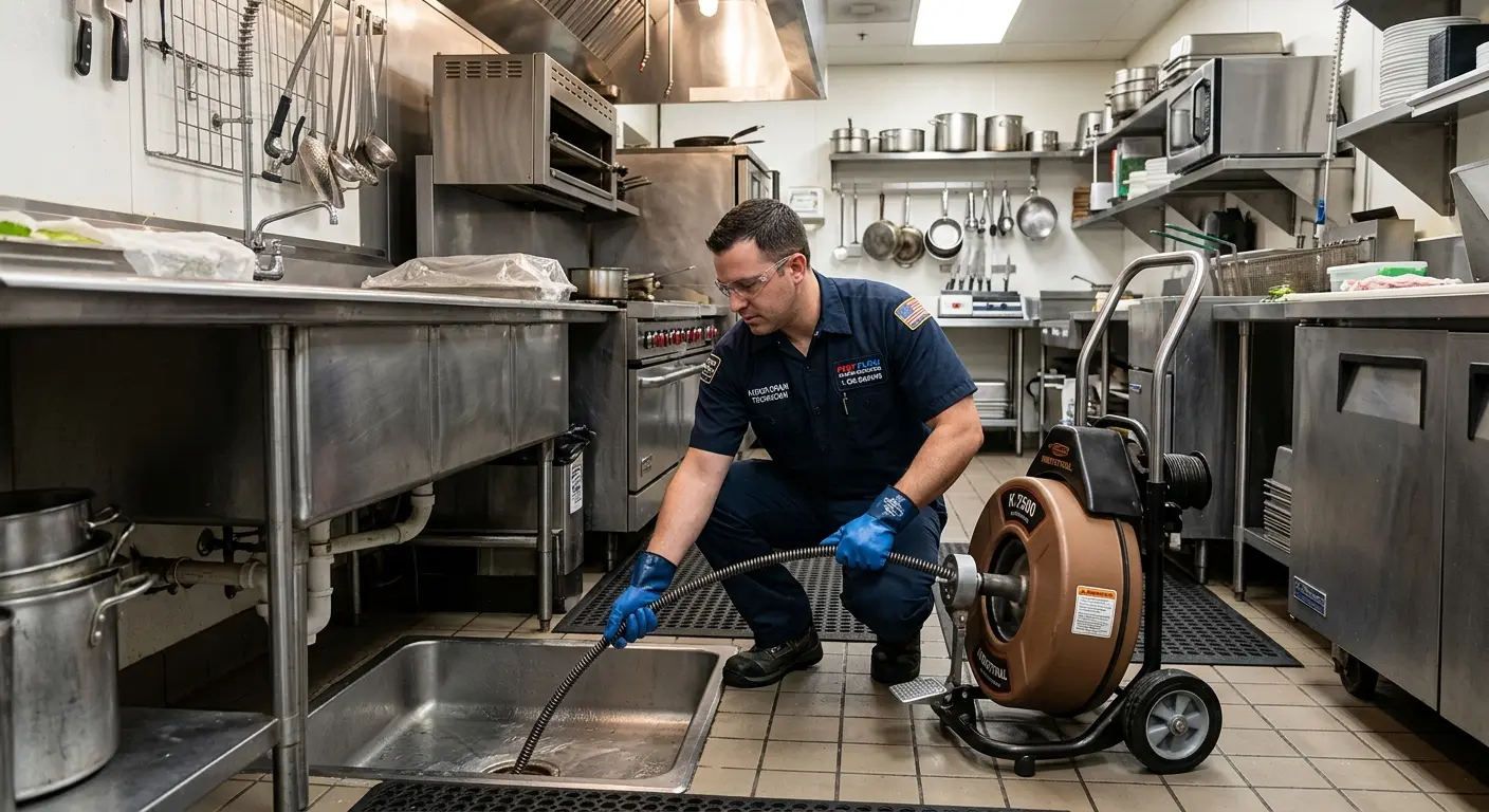 Commercial drain cleaning service in a restaurant kitchen in Des Peres