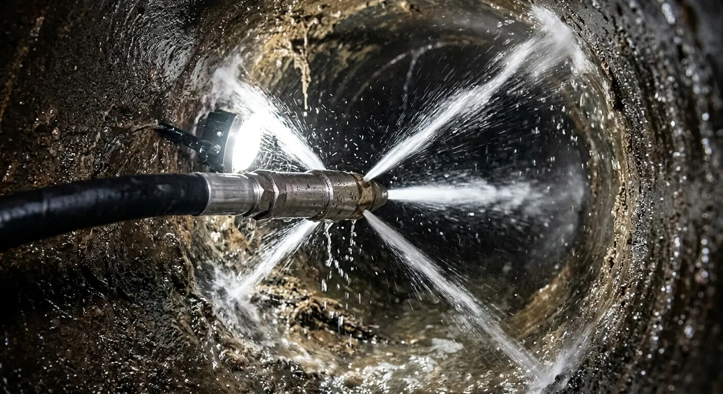 High-pressure hydro jetting nozzle cleaning sewer pipe for Storm Drain Cleaning in Des Peres