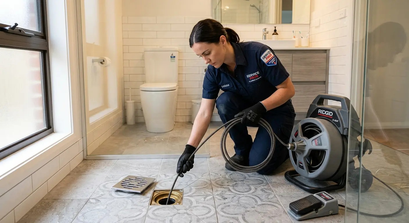 Technician clearing a bathroom floor drain for Drain Repair in Des Peres